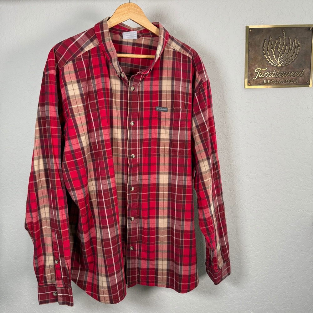 Columbia Men's Red Plaid Long Sleeve Button Up Shirt XXL Cotton Blend Outdoors